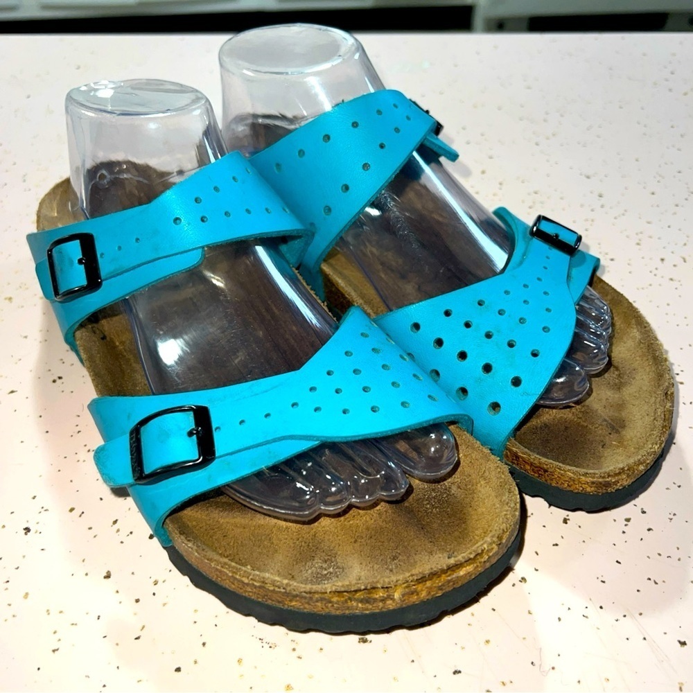 Birkenstock Birkis Freeport Burko-Flor Uppers Perforated 2 Strap Aqua Women Sz 9